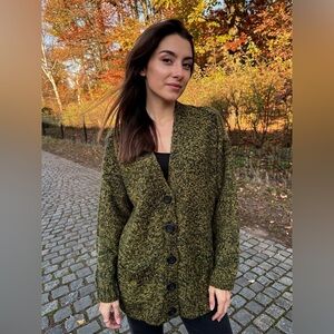 Forever 21 wool cardigan button down sweater LARGE 2 pockets black yellow gold